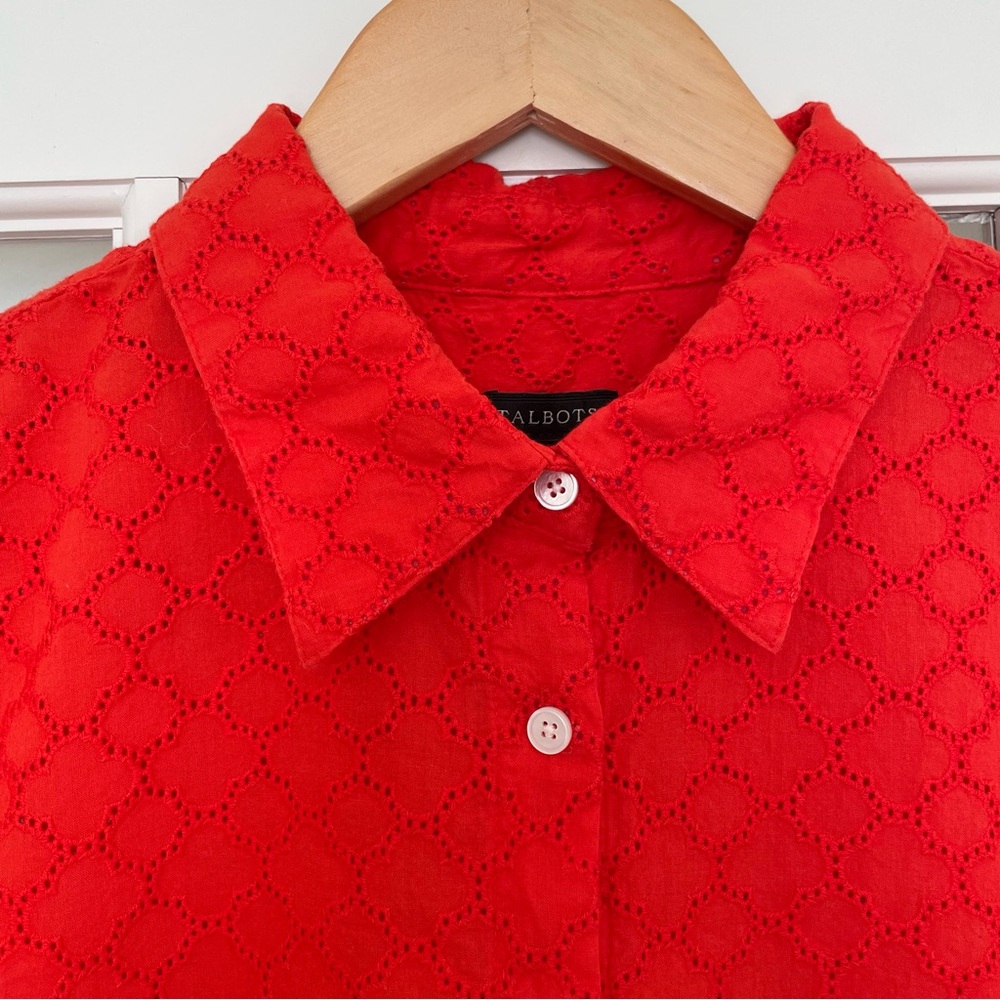 Talbots red orange broderie anglaise 100% cotton collared button up shirt medium